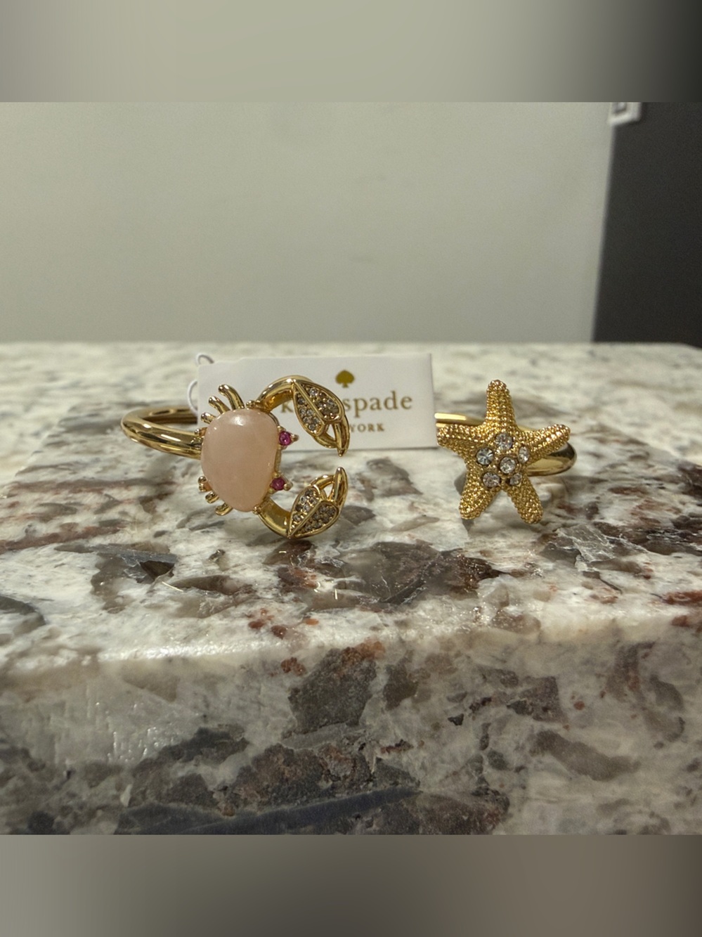 Kate Spade Gold Tone Sea Life Open Cuff Bracelet with Pink Crab